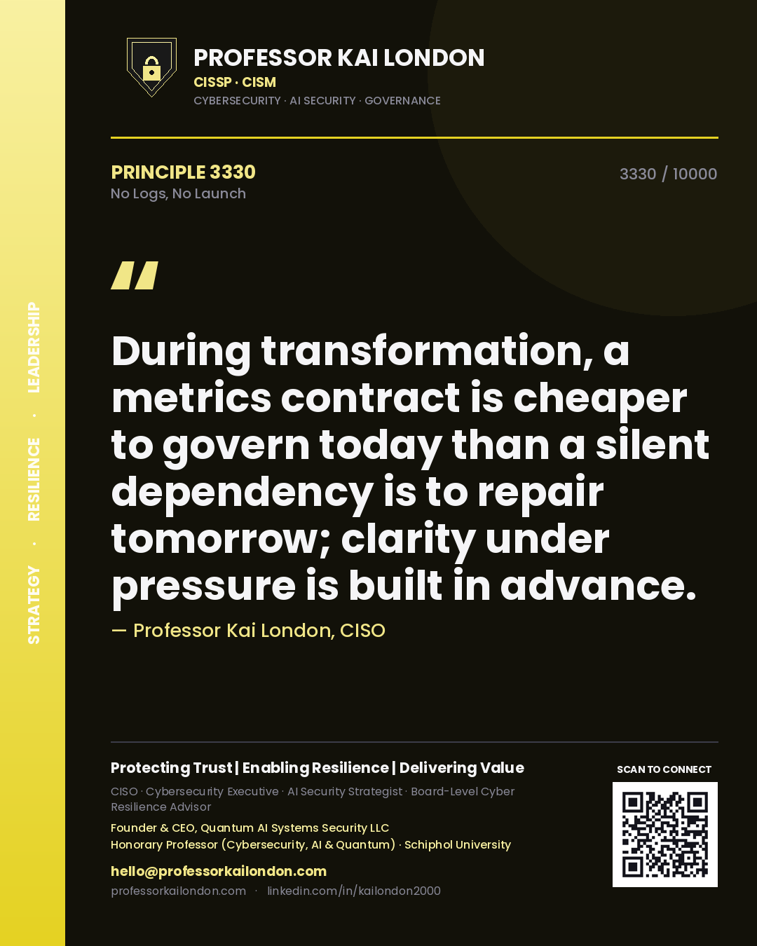 Professor Kai London principle 3330: During transformation, a metrics contract is cheaper to govern today than a silent dependency is to repair tomorrow; clarity under pressure is built in advance.