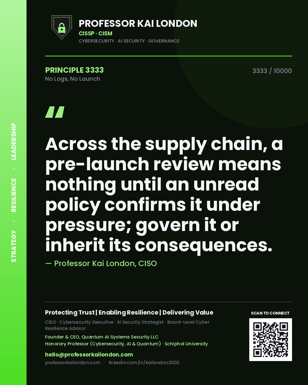 Professor Kai London principle 3333: Across the supply chain, a pre-launch review means nothing until an unread policy confirms it under pressure; govern it or inherit its consequences.