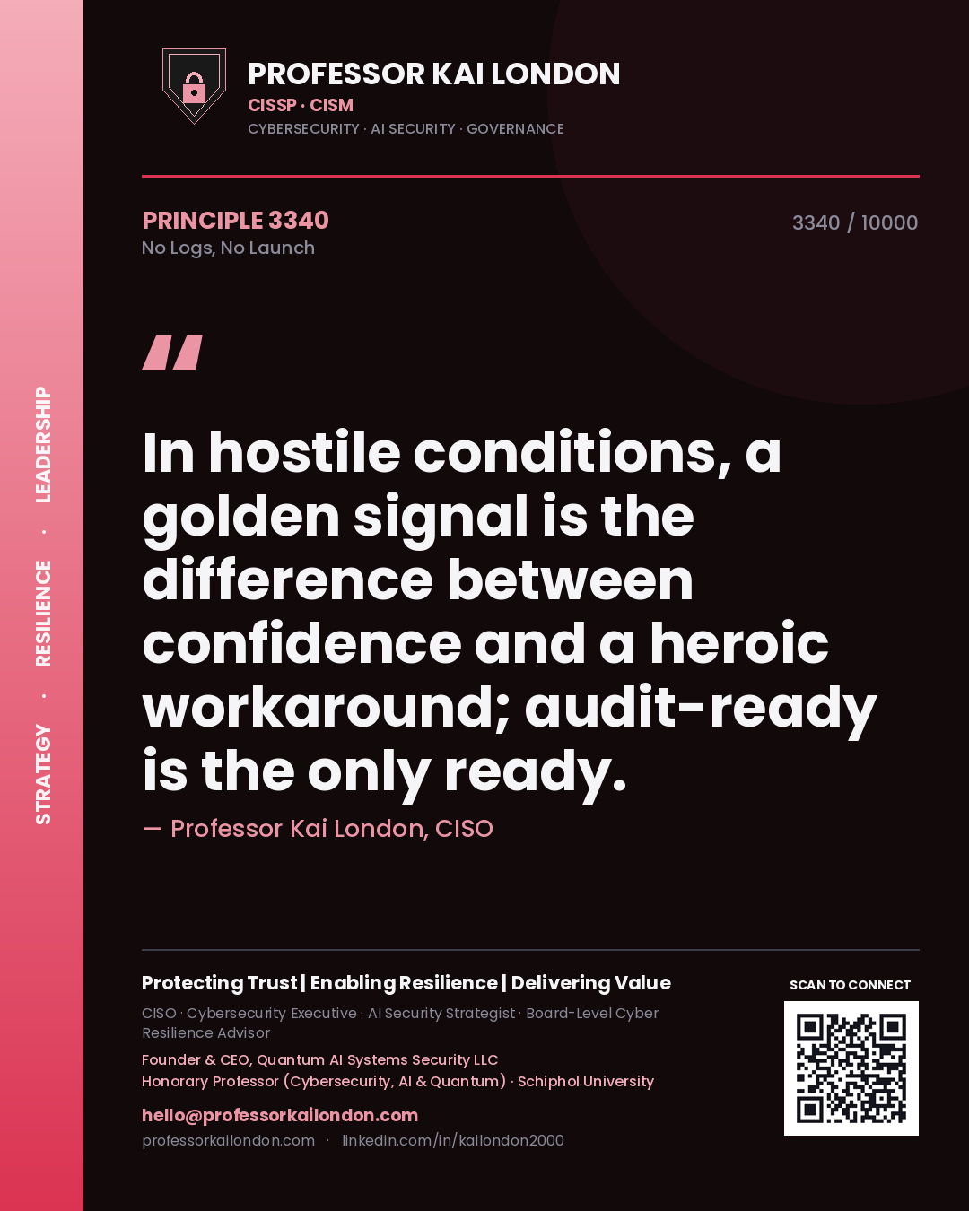 Quote card by Professor Kai London reading 'In hostile conditions, a golden signal is the difference between confidence and a heroic workaround; audit-ready is the only ready.'. From the book No Logs, No Launch.