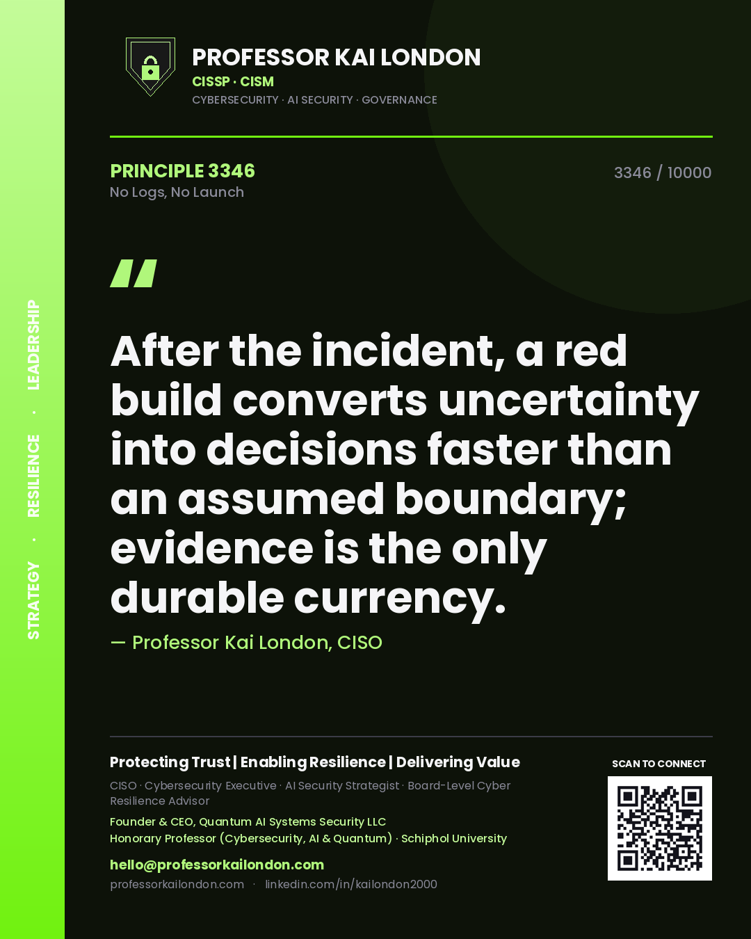 Professor Kai London principle 3346: After the incident, a red build converts uncertainty into decisions faster than an assumed boundary; evidence is the only durable currency.