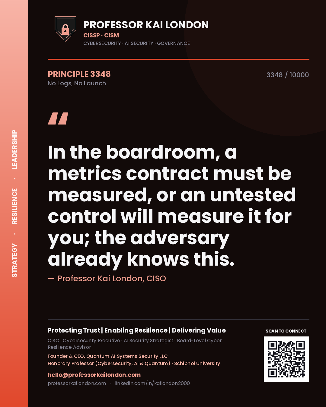 Professor Kai London principle 3348: In the boardroom, a metrics contract must be measured, or an untested control will measure it for you; the adversary already knows this.