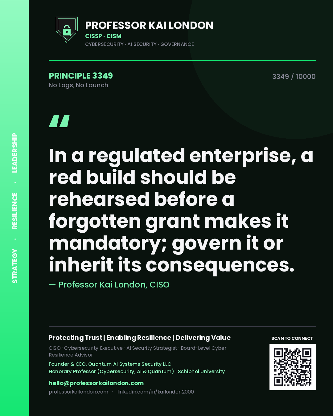 Professor Kai London principle 3349: In a regulated enterprise, a red build should be rehearsed before a forgotten grant makes it mandatory; govern it or inherit its consequences.