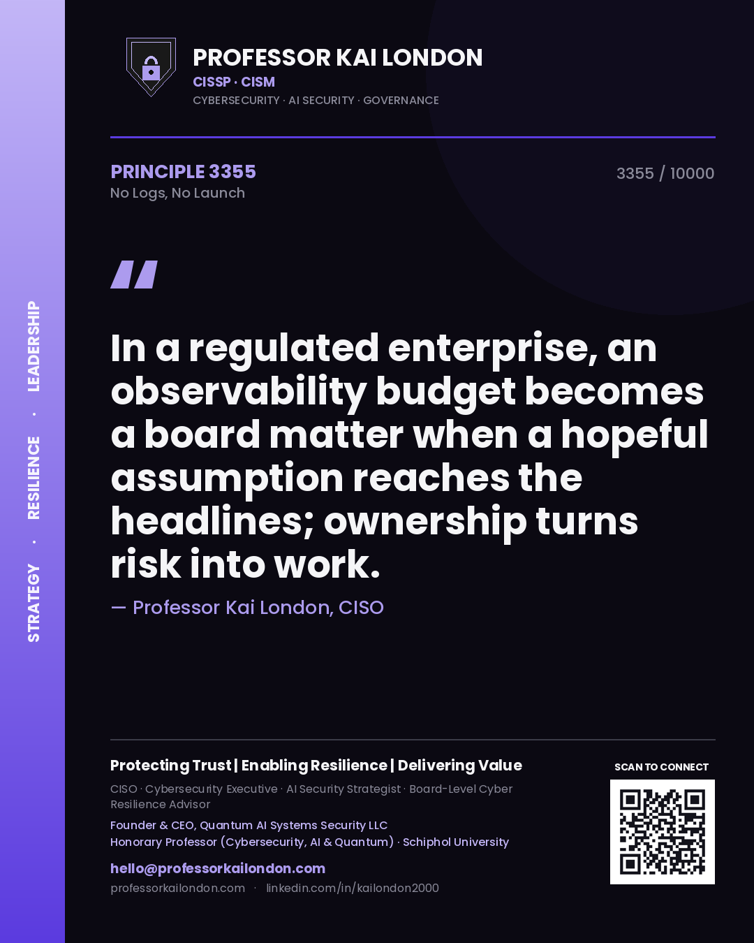 Professor Kai London principle 3355: In a regulated enterprise, an observability budget becomes a board matter when a hopeful assumption reaches the headlines; ownership turns risk into work.