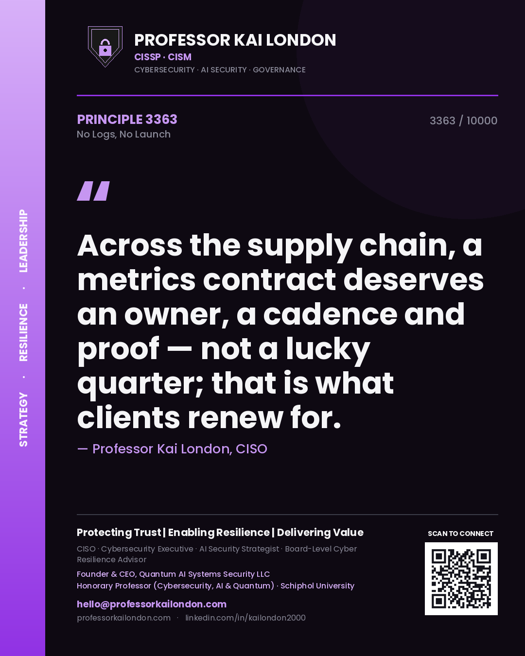 Professor Kai London principle 3363: Across the supply chain, a metrics contract deserves an owner, a cadence and proof — not a lucky quarter; that is what clients renew for.