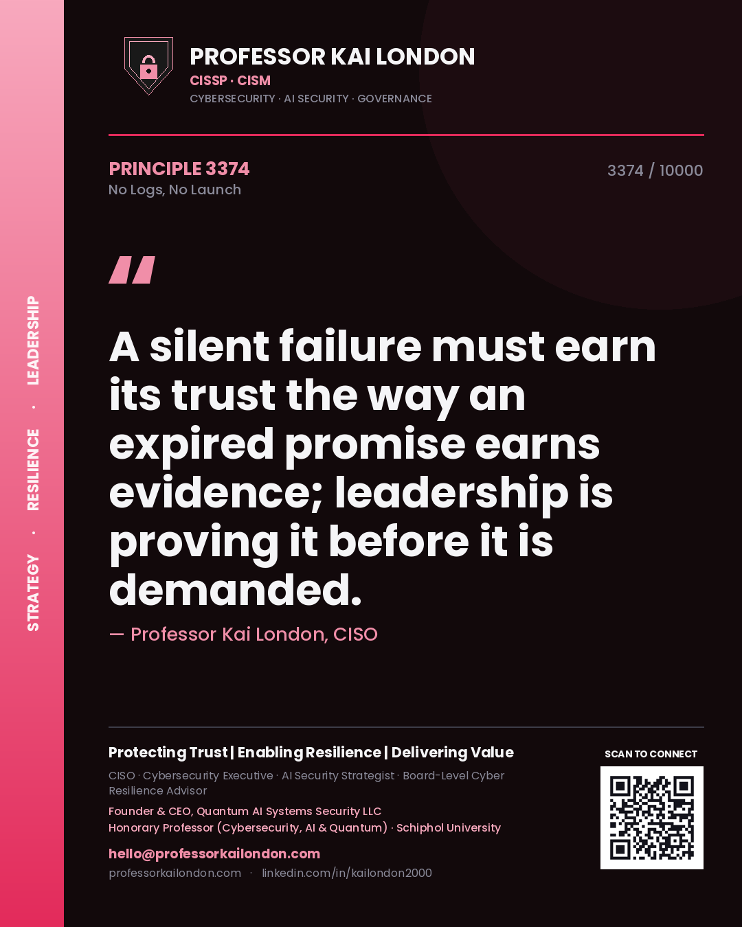 Professor Kai London principle 3374: A silent failure must earn its trust the way an expired promise earns evidence; leadership is proving it before it is demanded.
