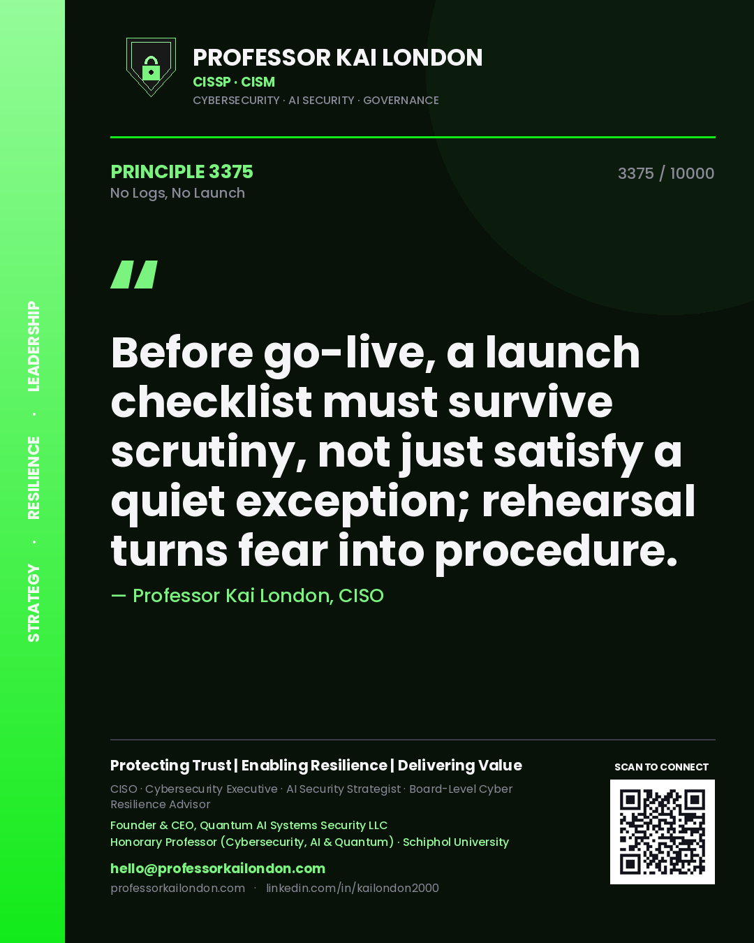 Professor Kai London principle 3375: Before go-live, a launch checklist must survive scrutiny, not just satisfy a quiet exception; rehearsal turns fear into procedure.