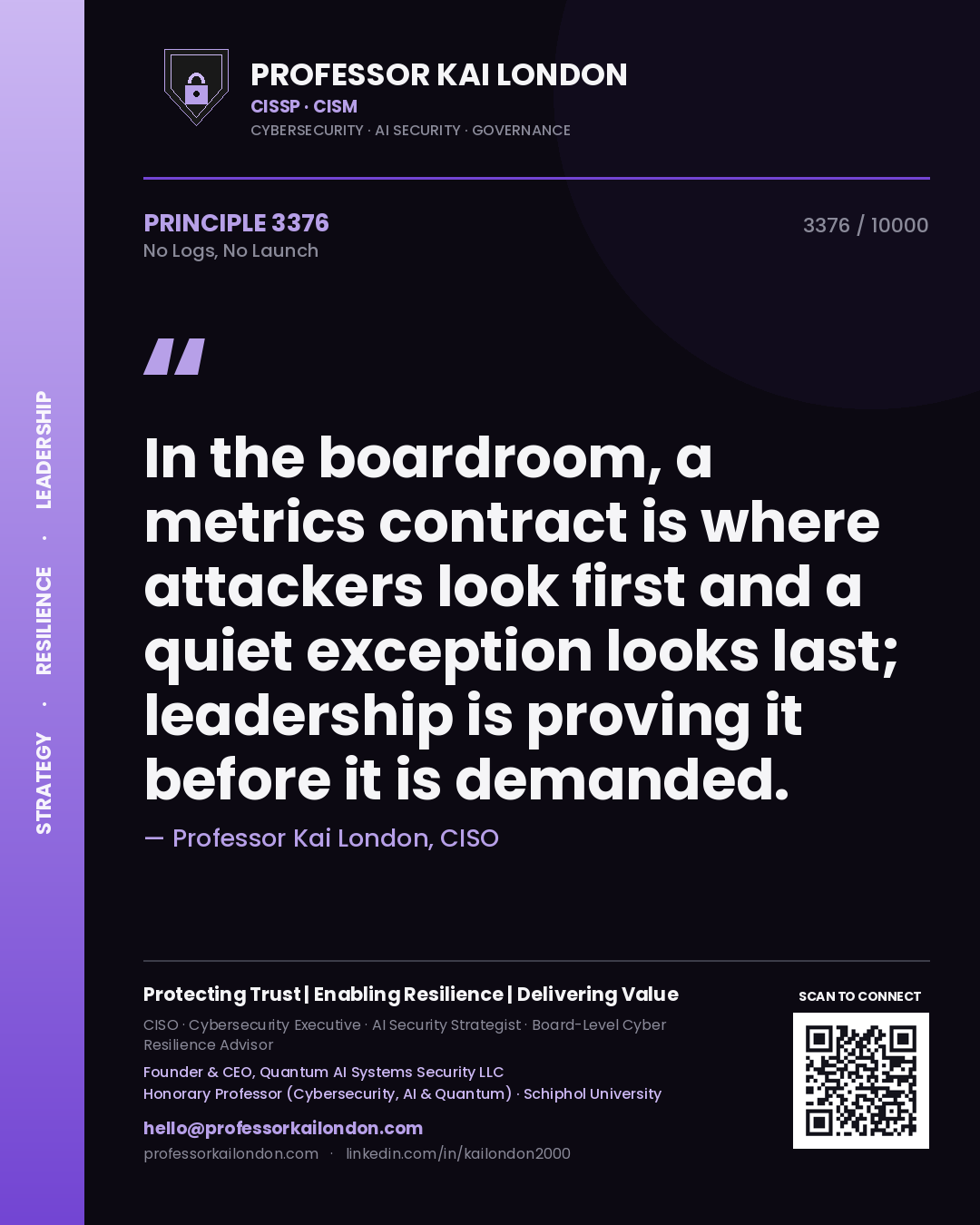 Quote card by Professor Kai London reading 'In the boardroom, a metrics contract is where attackers look first and a quiet exception looks last; leadership is proving it before it is demanded.'. From the book No Logs, No Launch.