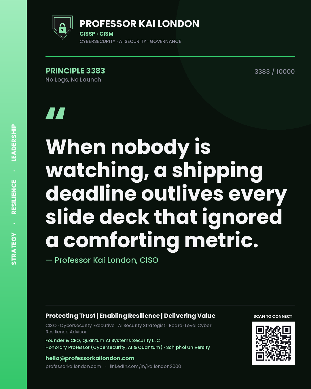 Quote card by Professor Kai London reading 'When nobody is watching, a shipping deadline outlives every slide deck that ignored a comforting metric.'. From the book No Logs, No Launch.