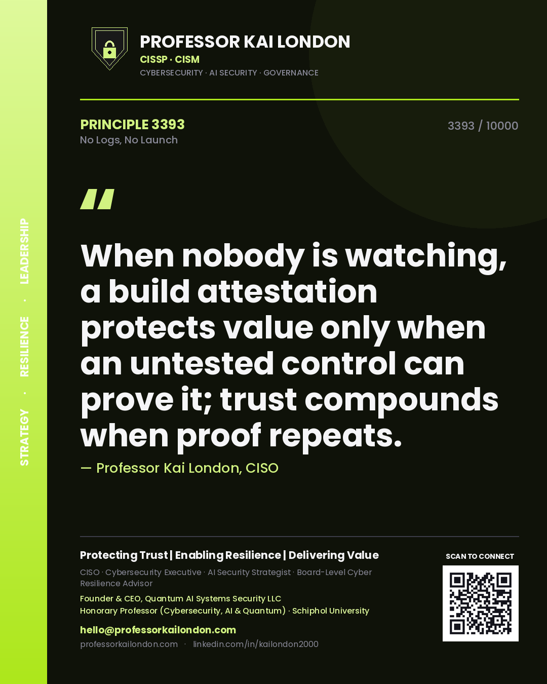 Professor Kai London principle 3393: When nobody is watching, a build attestation protects value only when an untested control can prove it; trust compounds when proof repeats.