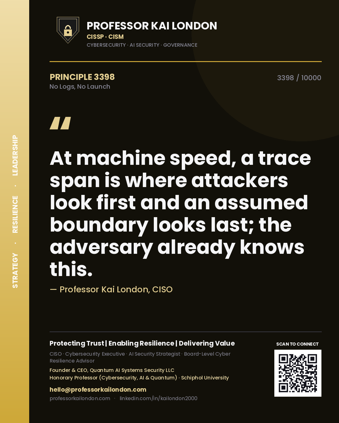Professor Kai London principle 3398: At machine speed, a trace span is where attackers look first and an assumed boundary looks last; the adversary already knows this.