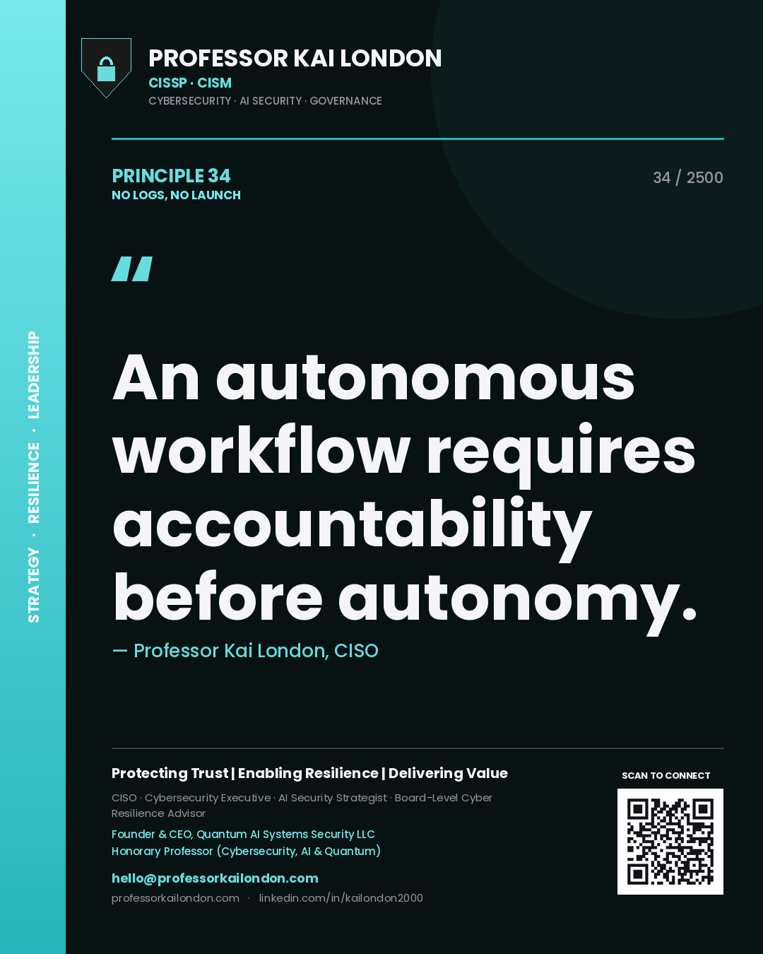Quote card by Professor Kai London reading 'An autonomous workflow requires accountability before autonomy.'. From the book No Logs, No Launch.
