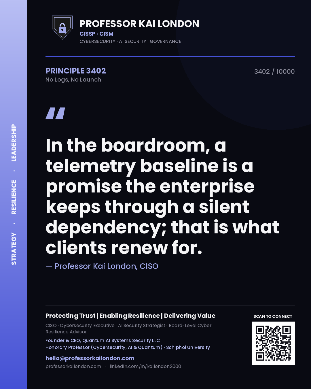 Professor Kai London principle 3402: In the boardroom, a telemetry baseline is a promise the enterprise keeps through a silent dependency; that is what clients renew for.
