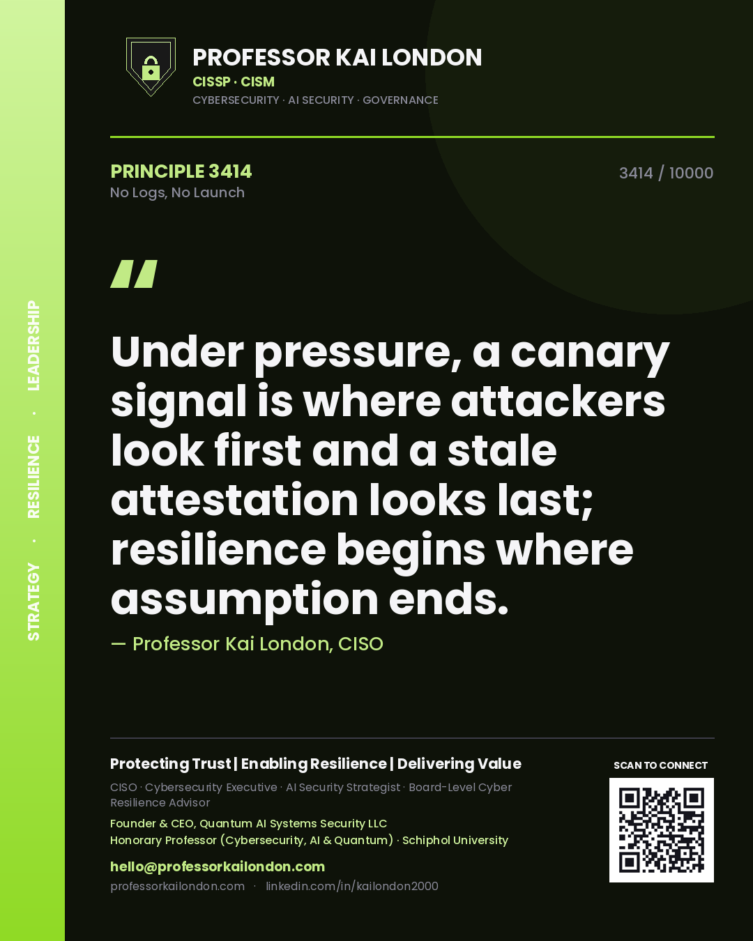 Quote card by Professor Kai London reading 'Under pressure, a canary signal is where attackers look first and a stale attestation looks last; resilience begins where assumption ends.'. From the book No Logs, No Launch.