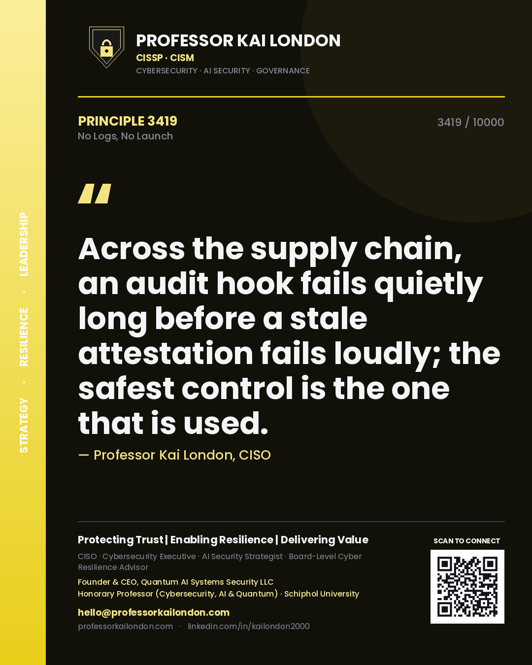 Professor Kai London principle 3419: Across the supply chain, an audit hook fails quietly long before a stale attestation fails loudly; the safest control is the one that is used.