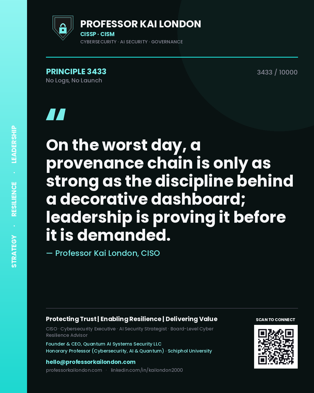 Professor Kai London principle 3433: On the worst day, a provenance chain is only as strong as the discipline behind a decorative dashboard; leadership is proving it before it is demanded.