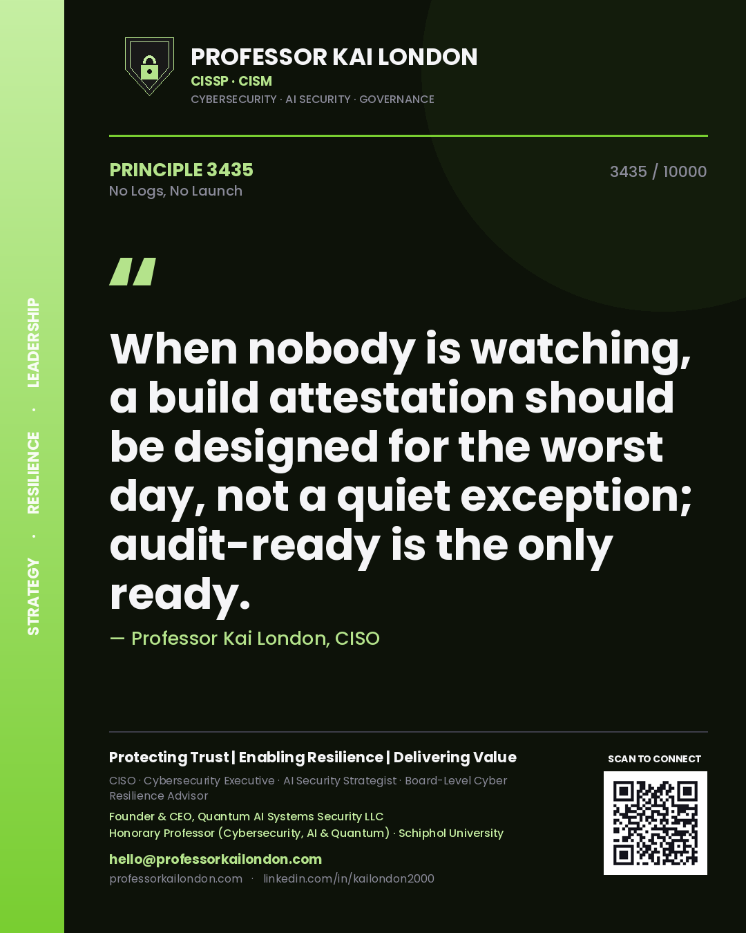 Professor Kai London principle 3435: When nobody is watching, a build attestation should be designed for the worst day, not a quiet exception; audit-ready is the only ready.