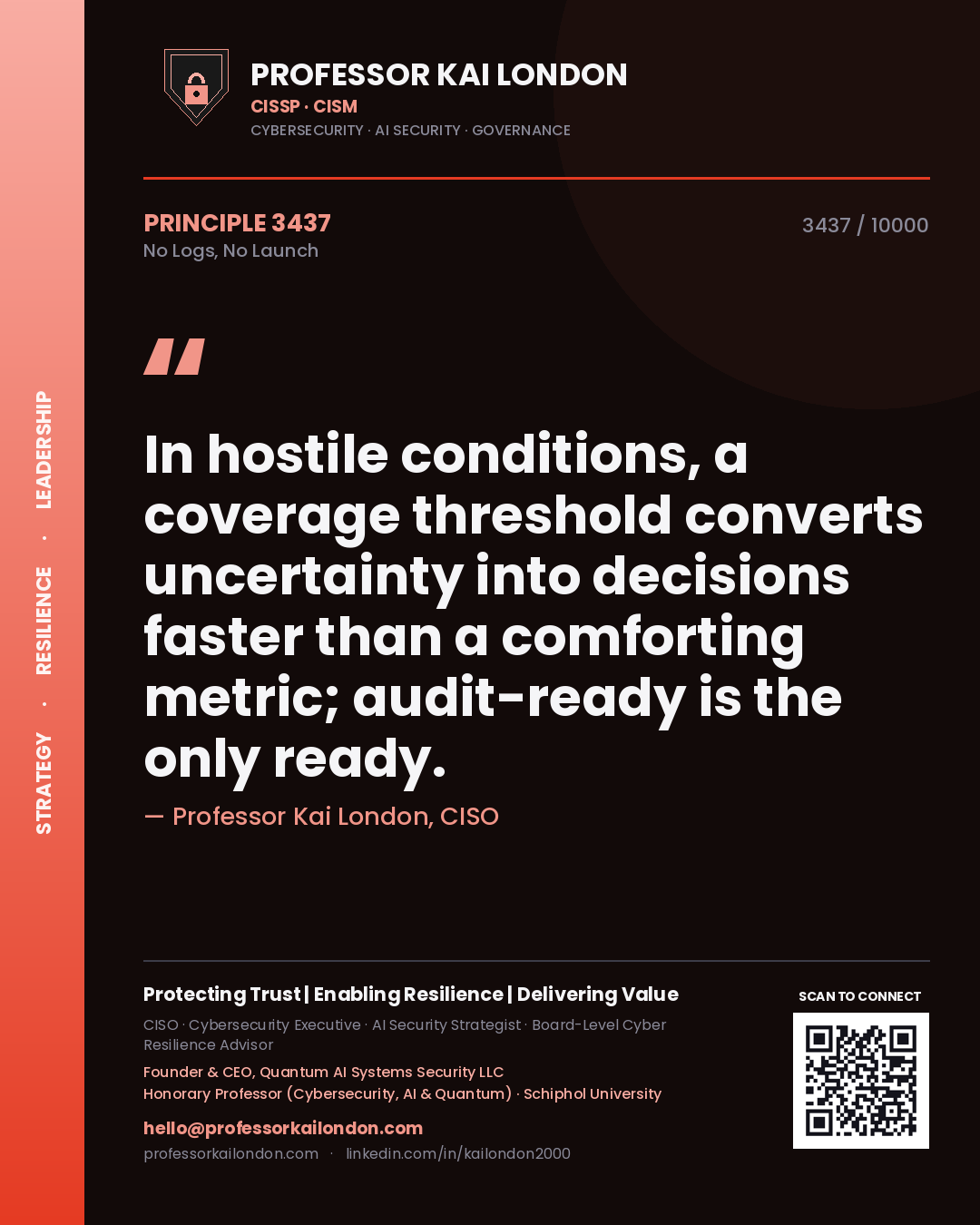 Professor Kai London principle 3437: In hostile conditions, a coverage threshold converts uncertainty into decisions faster than a comforting metric; audit-ready is the only ready.