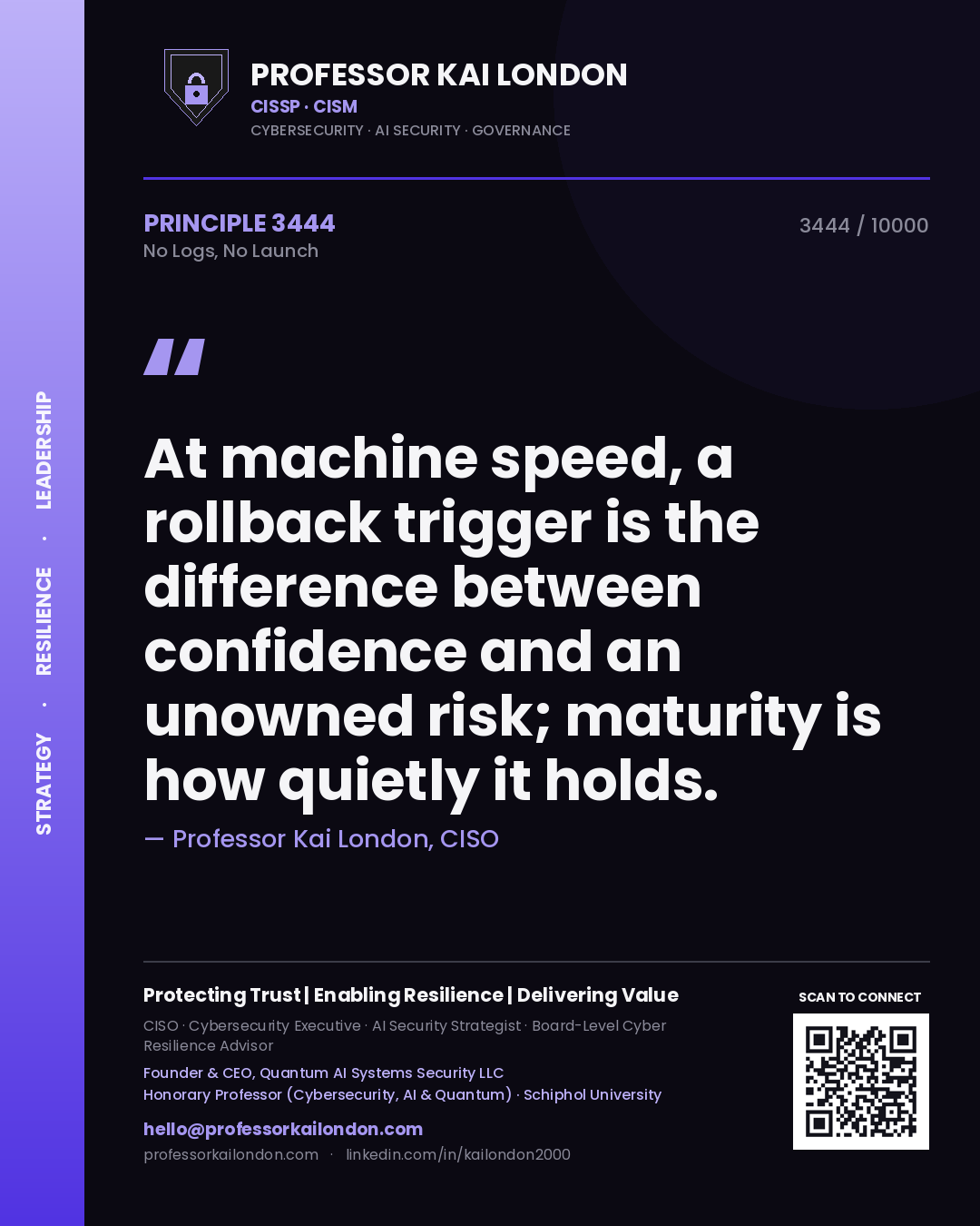 Quote card by Professor Kai London reading 'At machine speed, a rollback trigger is the difference between confidence and an unowned risk; maturity is how quietly it holds.'. From the book No Logs, No Launch.