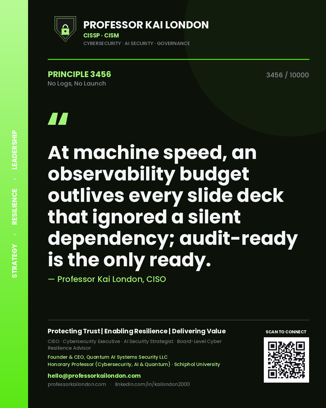 Professor Kai London principle 3456: At machine speed, an observability budget outlives every slide deck that ignored a silent dependency; audit-ready is the only ready.