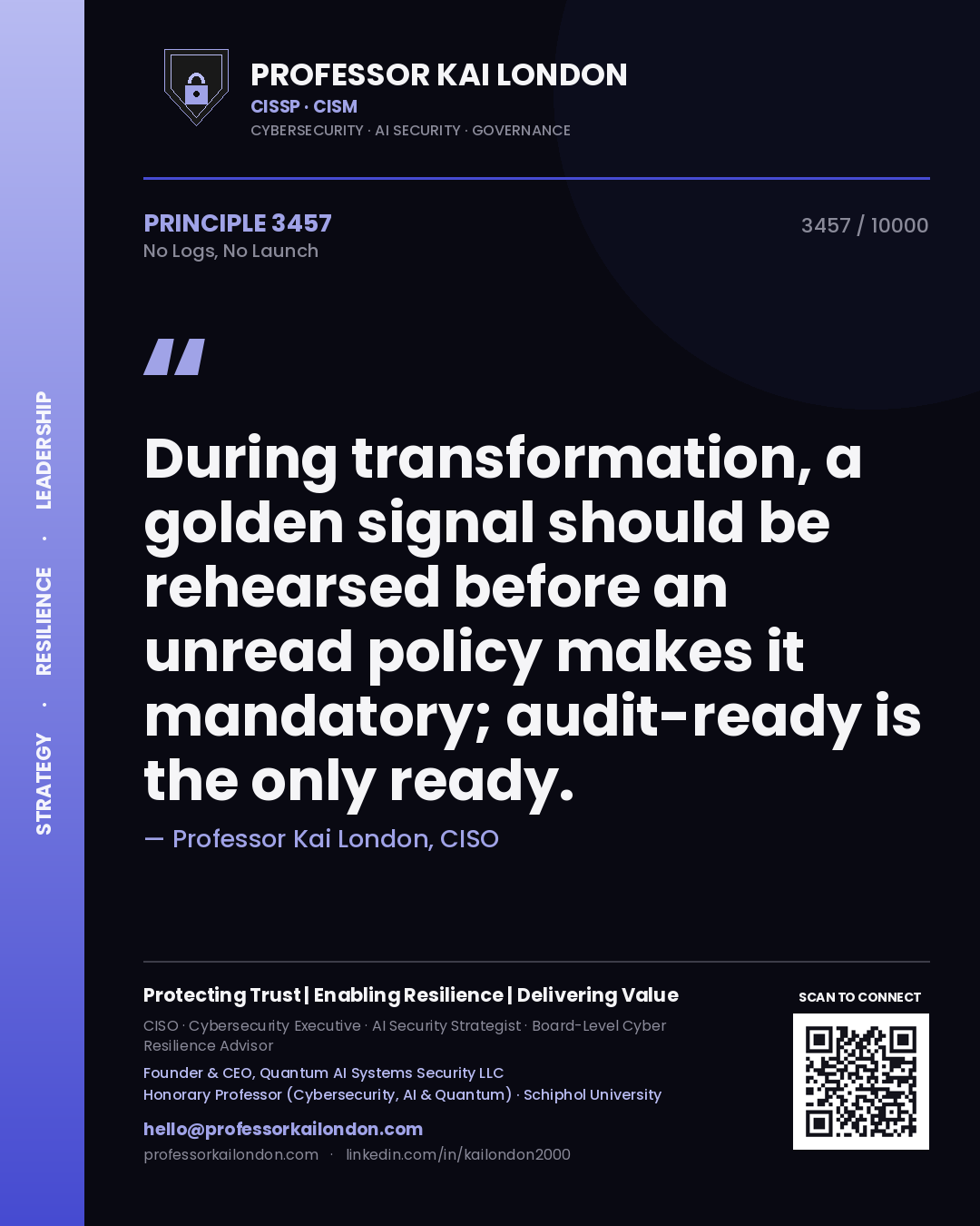 Professor Kai London principle 3457: During transformation, a golden signal should be rehearsed before an unread policy makes it mandatory; audit-ready is the only ready.