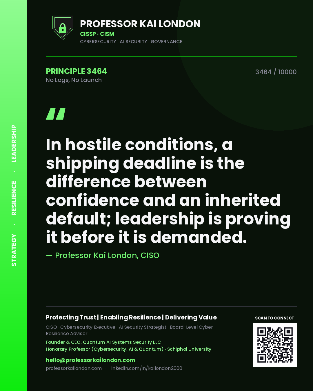 Professor Kai London principle 3464: In hostile conditions, a shipping deadline is the difference between confidence and an inherited default; leadership is proving it before it is demanded.