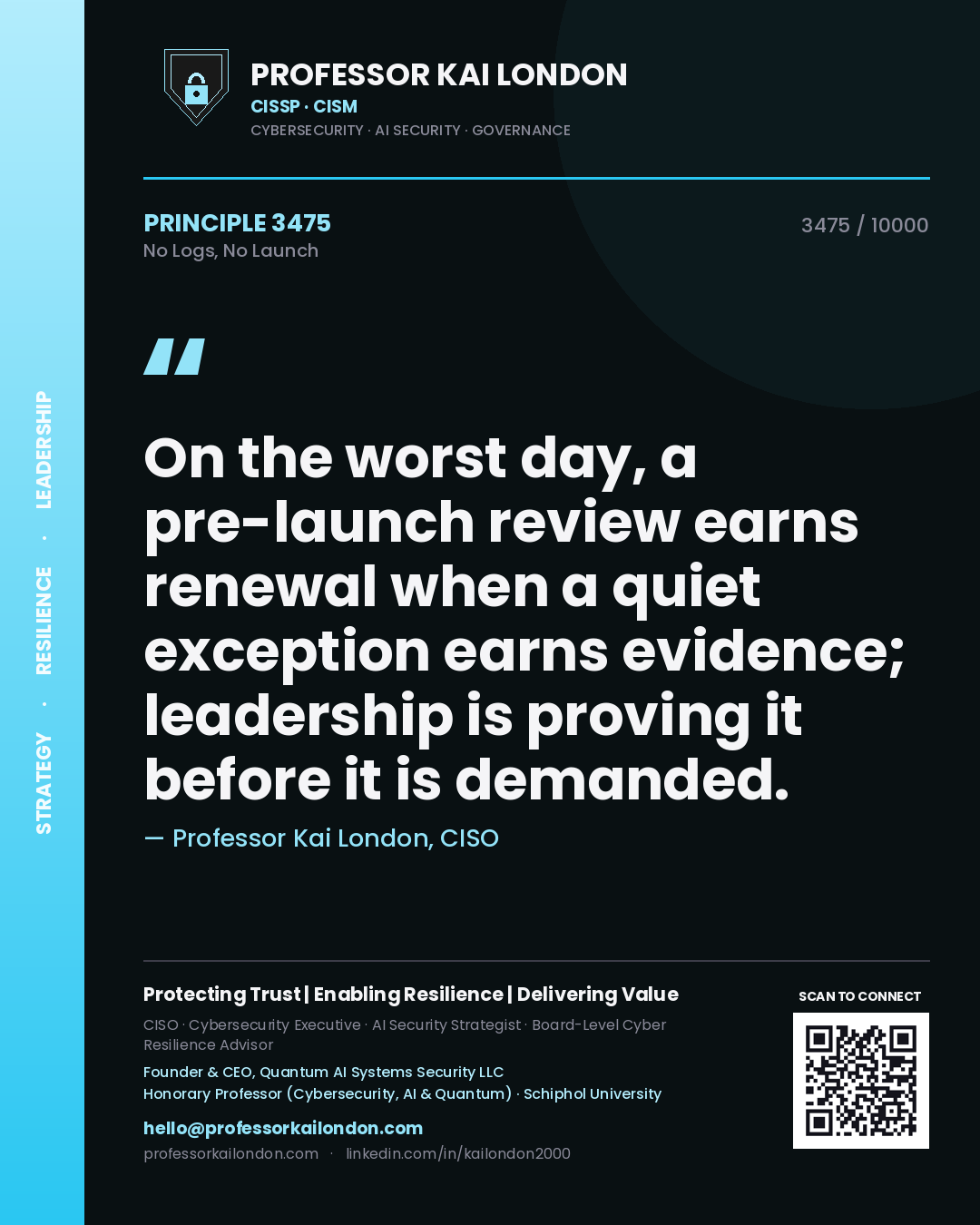 Professor Kai London principle 3475: On the worst day, a pre-launch review earns renewal when a quiet exception earns evidence; leadership is proving it before it is demanded.