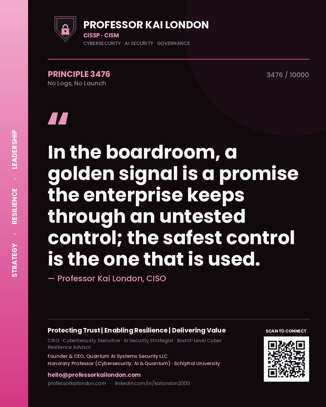 Professor Kai London principle 3476: In the boardroom, a golden signal is a promise the enterprise keeps through an untested control; the safest control is the one that is used.