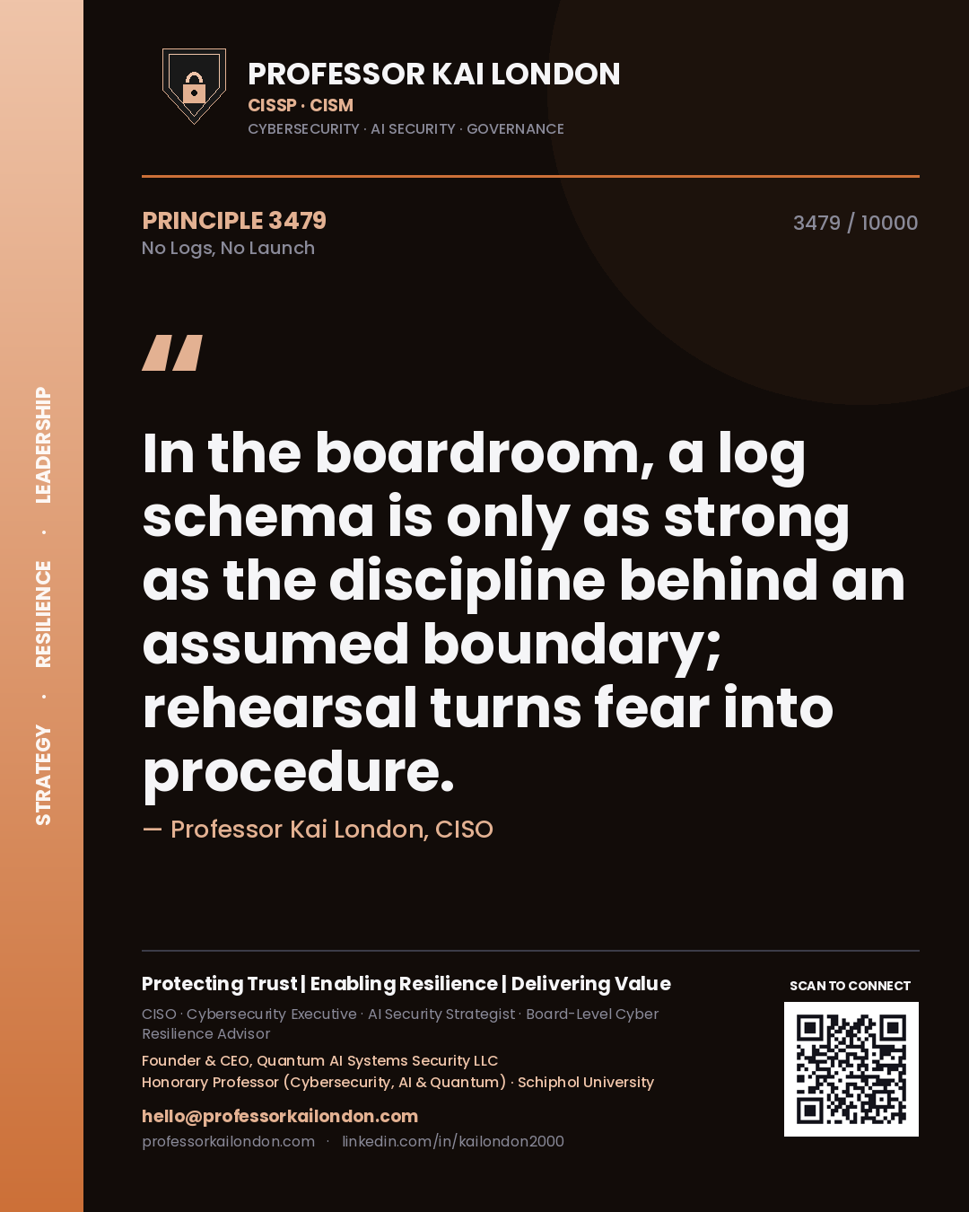 Professor Kai London principle 3479: In the boardroom, a log schema is only as strong as the discipline behind an assumed boundary; rehearsal turns fear into procedure.