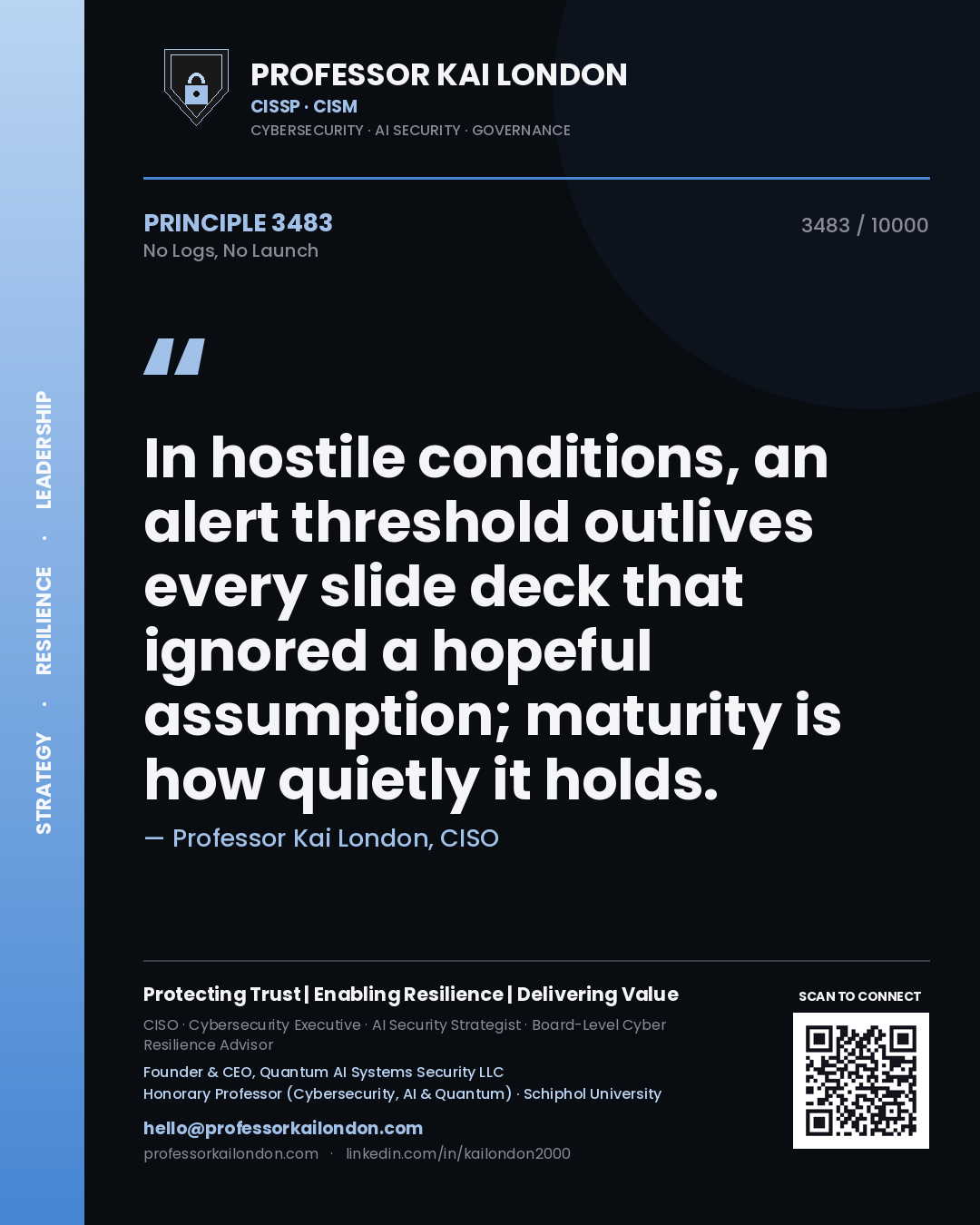 Professor Kai London principle 3483: In hostile conditions, an alert threshold outlives every slide deck that ignored a hopeful assumption; maturity is how quietly it holds.
