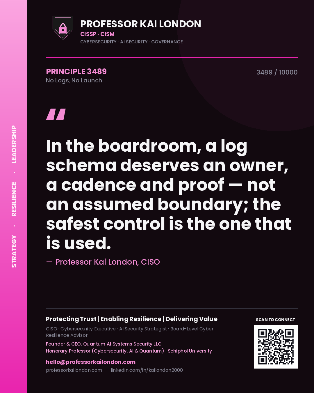 Quote card by Professor Kai London reading 'In the boardroom, a log schema deserves an owner, a cadence and proof — not an assumed boundary; the safest control is the one that is used.'. From the book No Logs, No Launch.