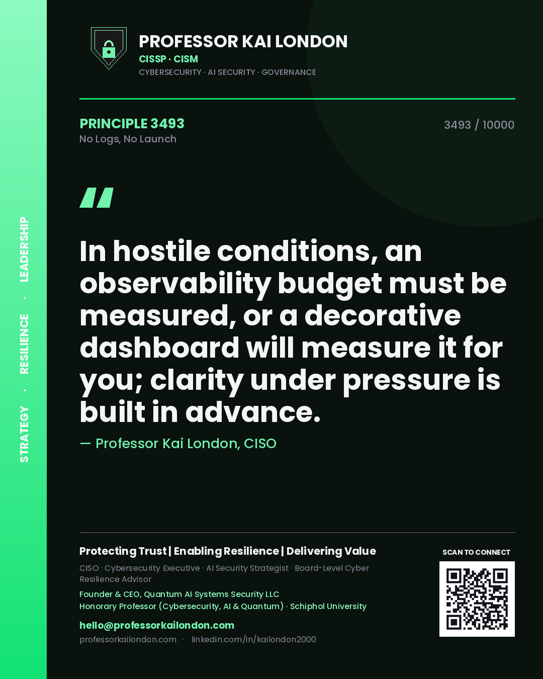 Professor Kai London principle 3493: In hostile conditions, an observability budget must be measured, or a decorative dashboard will measure it for you; clarity under pressure is built in advance.