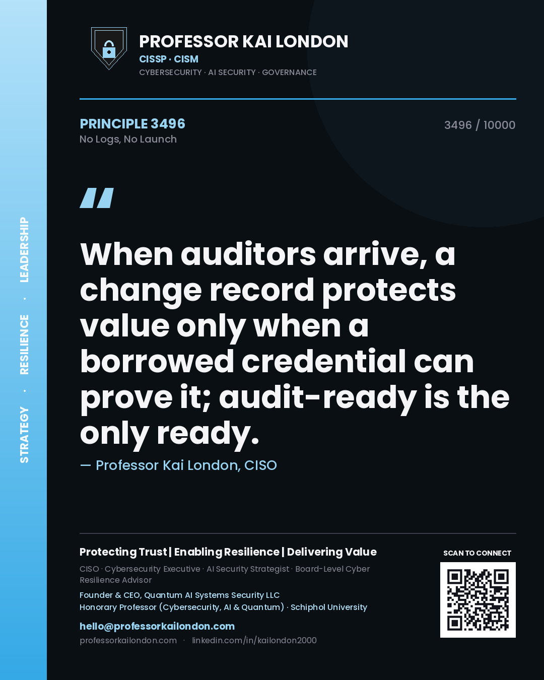 Quote card by Professor Kai London reading 'When auditors arrive, a change record protects value only when a borrowed credential can prove it; audit-ready is the only ready.'. From the book No Logs, No Launch.
