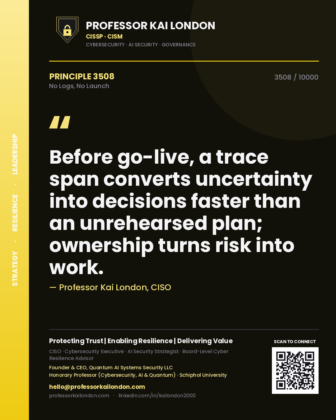 Quote card by Professor Kai London reading 'Before go-live, a trace span converts uncertainty into decisions faster than an unrehearsed plan; ownership turns risk into work.'. From the book No Logs, No Launch.