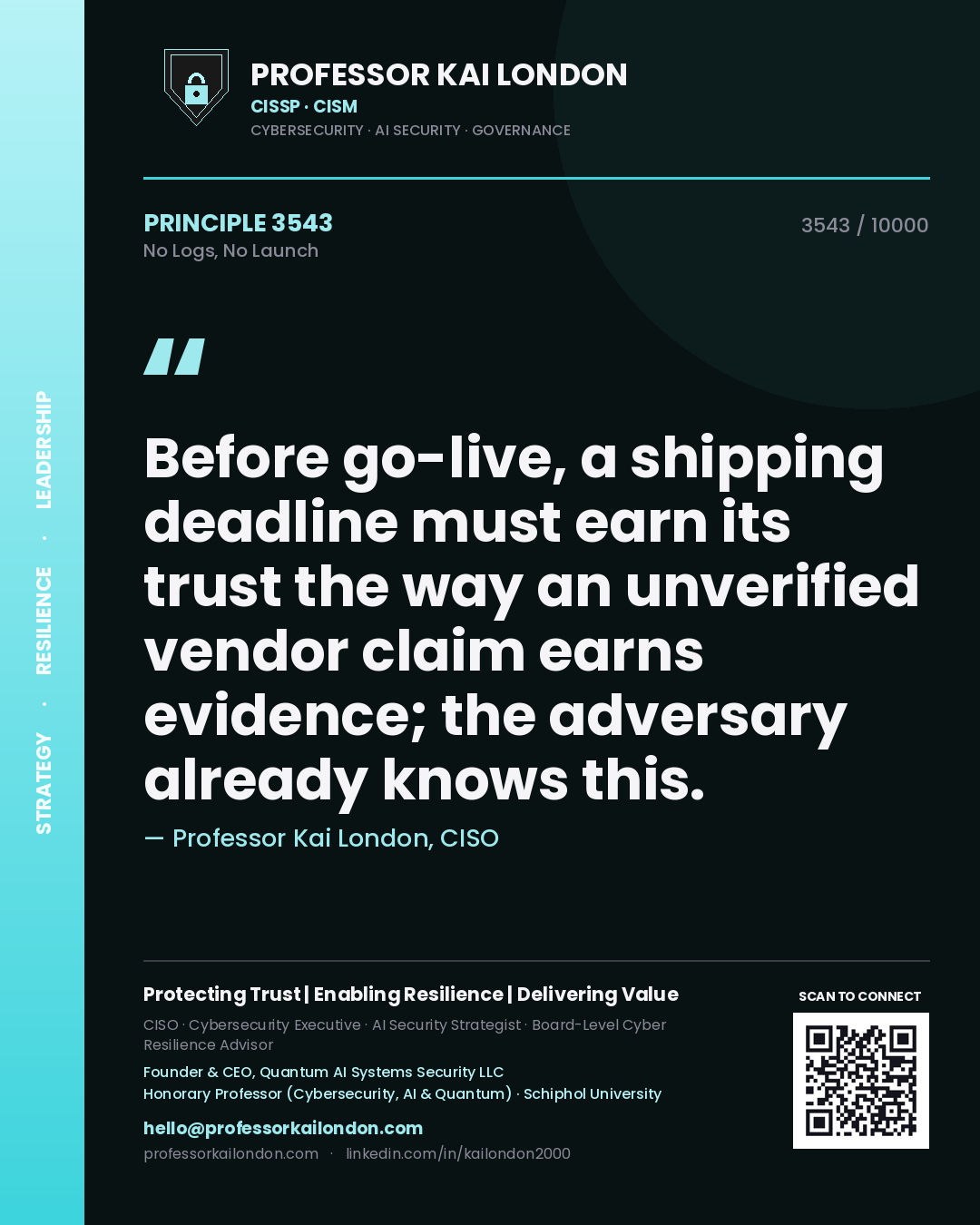 Professor Kai London principle 3543: Before go-live, a shipping deadline must earn its trust the way an unverified vendor claim earns evidence; the adversary already knows this.