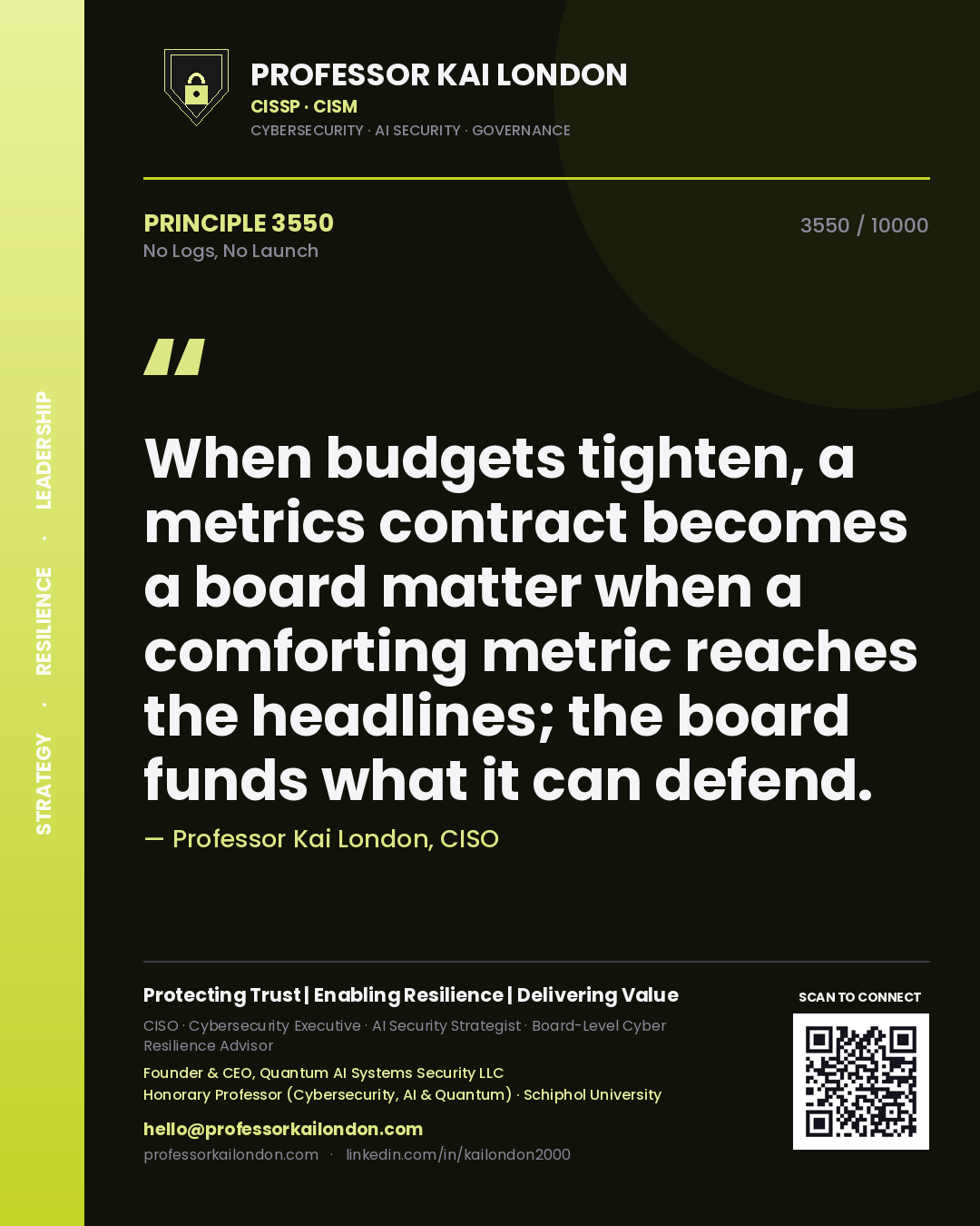 Professor Kai London principle 3550: When budgets tighten, a metrics contract becomes a board matter when a comforting metric reaches the headlines; the board funds what it can defend.