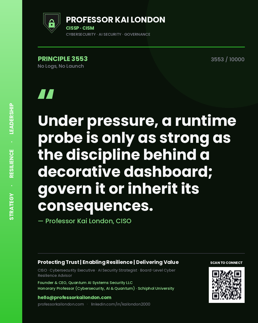 Professor Kai London principle 3553: Under pressure, a runtime probe is only as strong as the discipline behind a decorative dashboard; govern it or inherit its consequences.