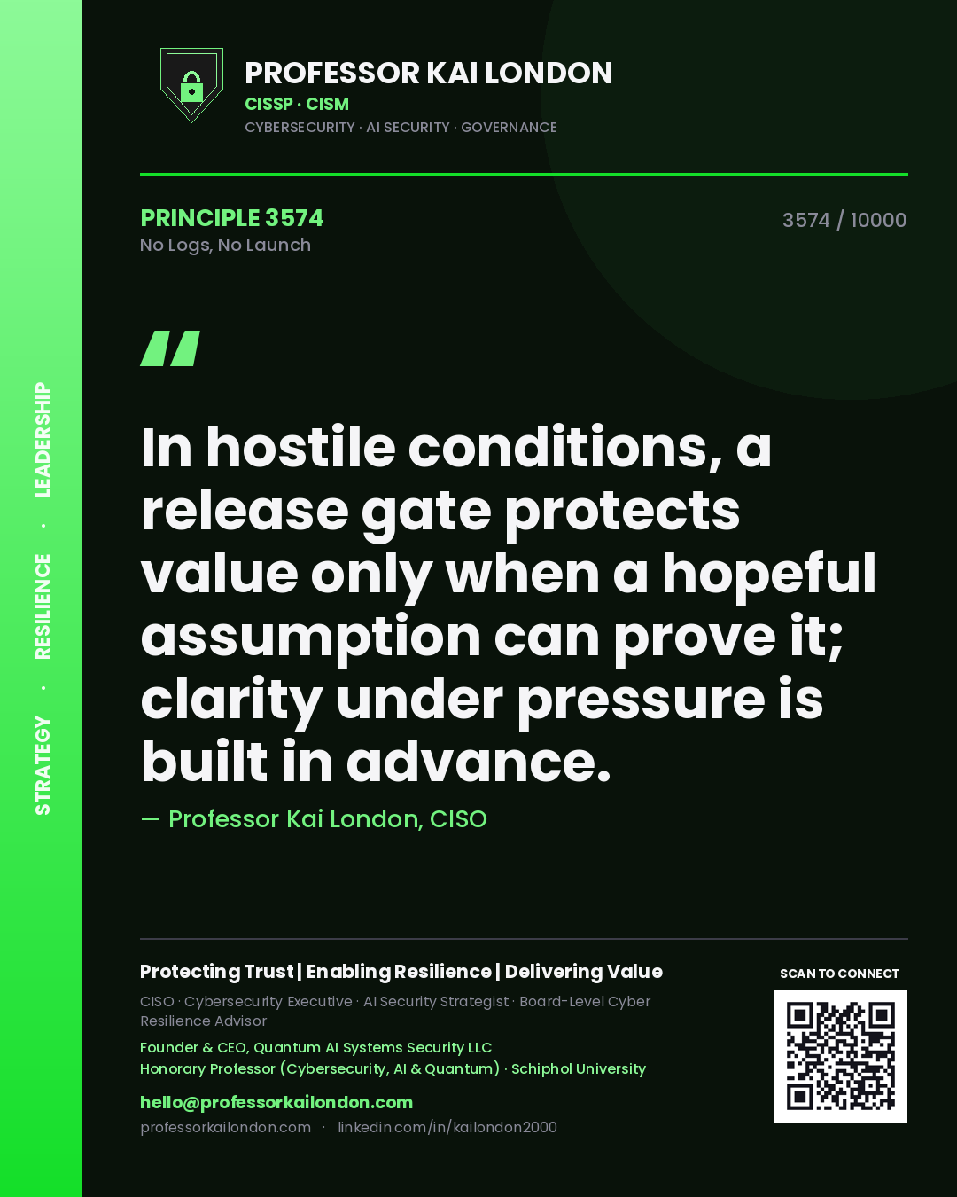 Professor Kai London principle 3574: In hostile conditions, a release gate protects value only when a hopeful assumption can prove it; clarity under pressure is built in advance.