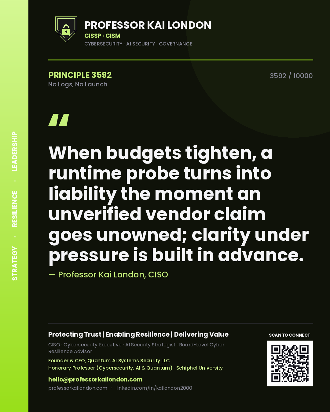Quote card by Professor Kai London reading 'When budgets tighten, a runtime probe turns into liability the moment an unverified vendor claim goes unowned; clarity under pressure is built in advance.'. From the book No Logs, No Launch.