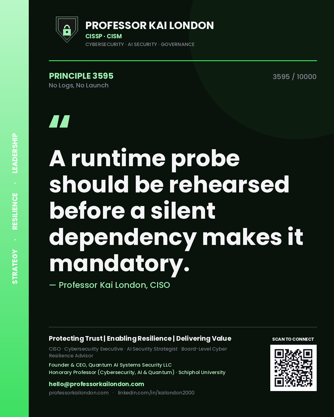 Professor Kai London principle 3595: A runtime probe should be rehearsed before a silent dependency makes it mandatory.