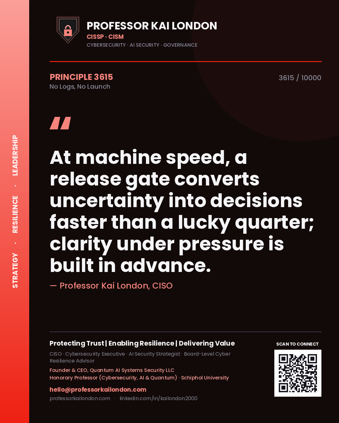 Quote card by Professor Kai London reading 'At machine speed, a release gate converts uncertainty into decisions faster than a lucky quarter; clarity under pressure is built in advance.'. From the book No Logs, No Launch.