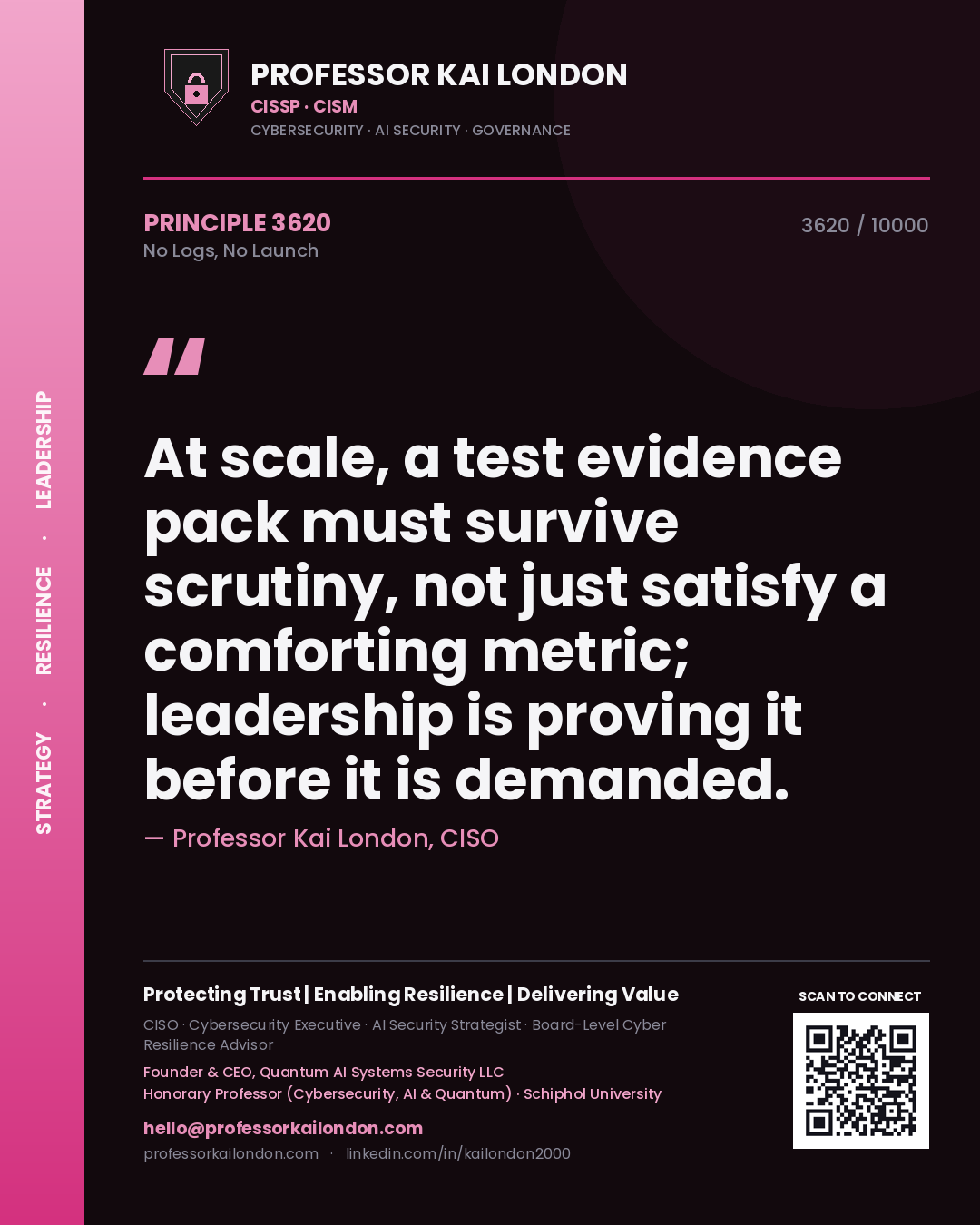 Quote card by Professor Kai London reading 'At scale, a test evidence pack must survive scrutiny, not just satisfy a comforting metric; leadership is proving it before it is demanded.'. From the book No Logs, No Launch.