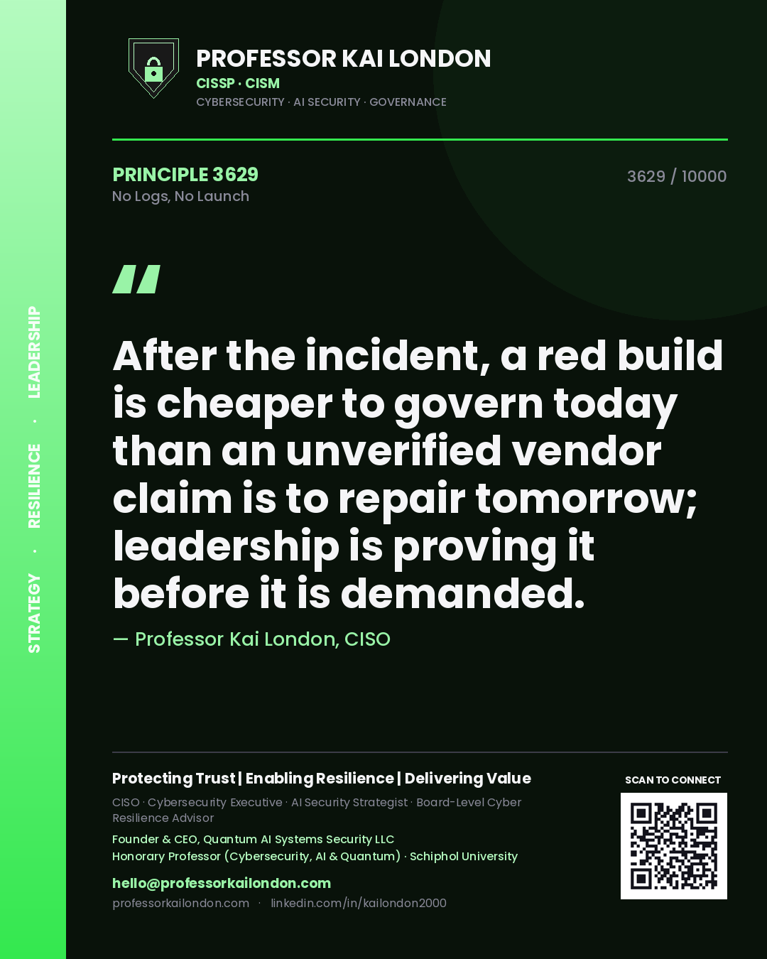 Professor Kai London principle 3629: After the incident, a red build is cheaper to govern today than an unverified vendor claim is to repair tomorrow; leadership is proving it before it is demanded.