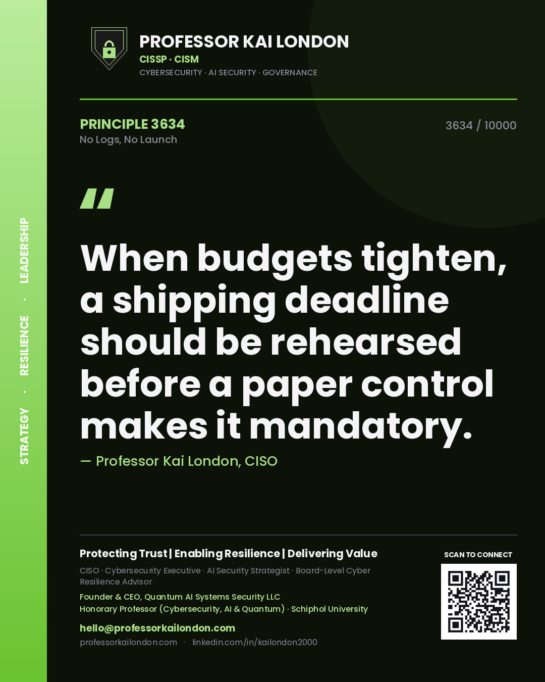 Professor Kai London principle 3634: When budgets tighten, a shipping deadline should be rehearsed before a paper control makes it mandatory.