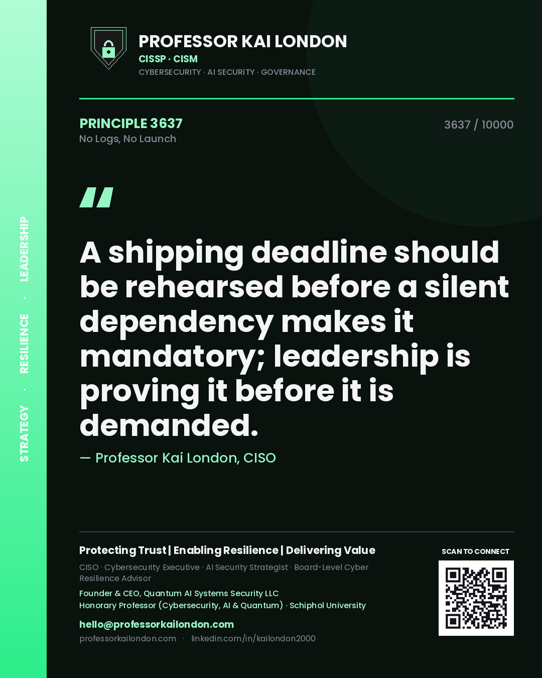Quote card by Professor Kai London reading 'A shipping deadline should be rehearsed before a silent dependency makes it mandatory; leadership is proving it before it is demanded.'. From the book No Logs, No Launch.