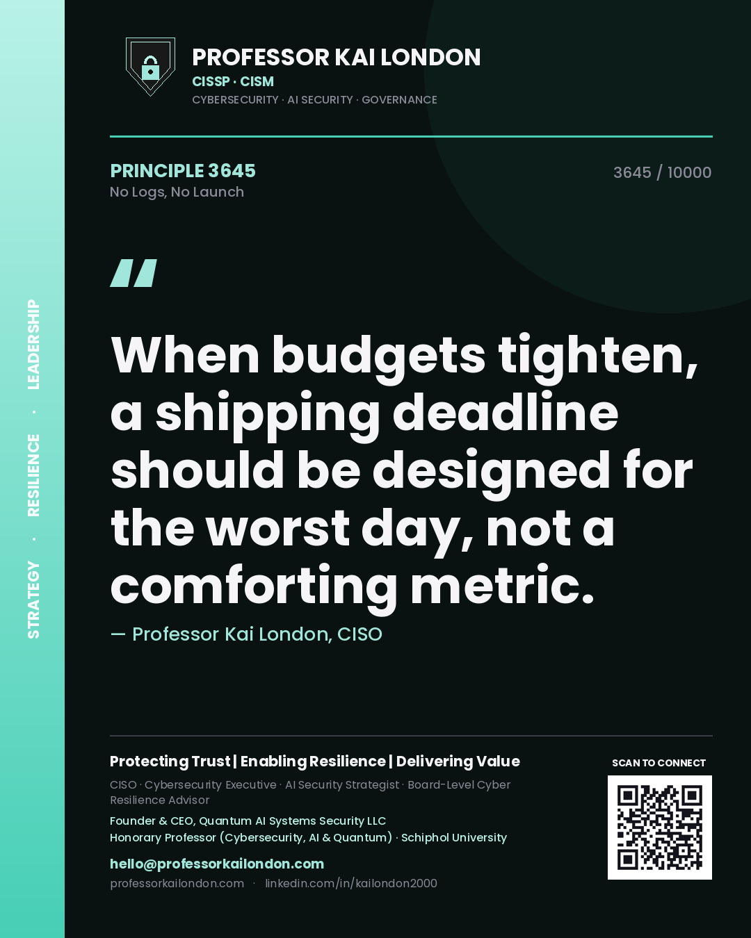 Quote card by Professor Kai London reading 'When budgets tighten, a shipping deadline should be designed for the worst day, not a comforting metric.'. From the book No Logs, No Launch.