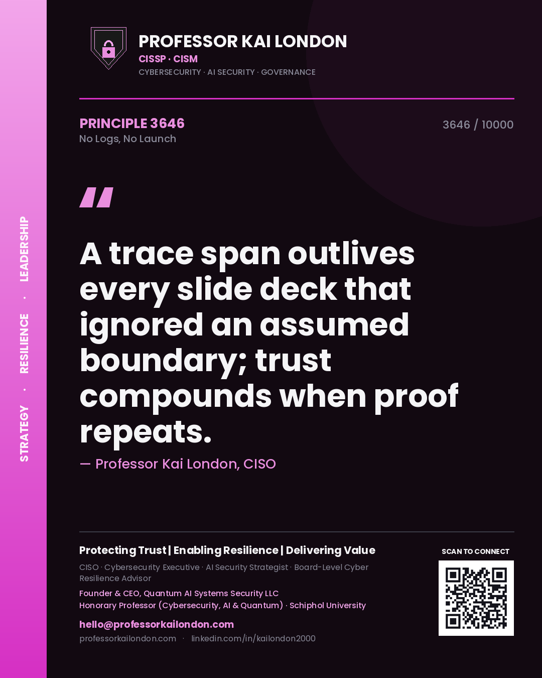 Quote card by Professor Kai London reading 'A trace span outlives every slide deck that ignored an assumed boundary; trust compounds when proof repeats.'. From the book No Logs, No Launch.