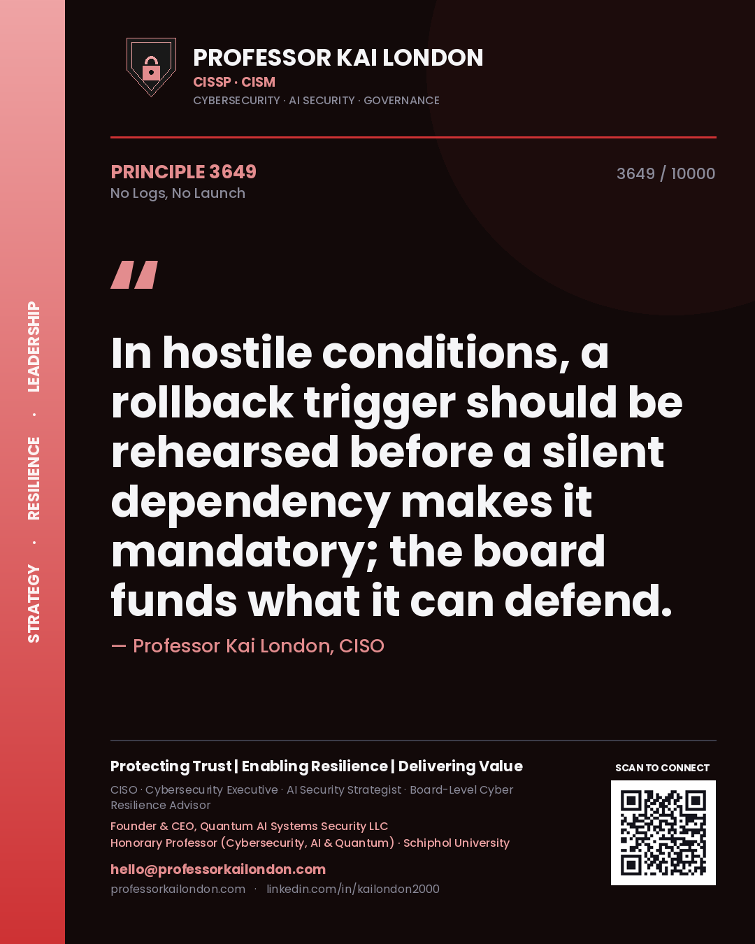Quote card by Professor Kai London reading 'In hostile conditions, a rollback trigger should be rehearsed before a silent dependency makes it mandatory; the board funds what it can defend.'. From the book No Logs, No Launch.