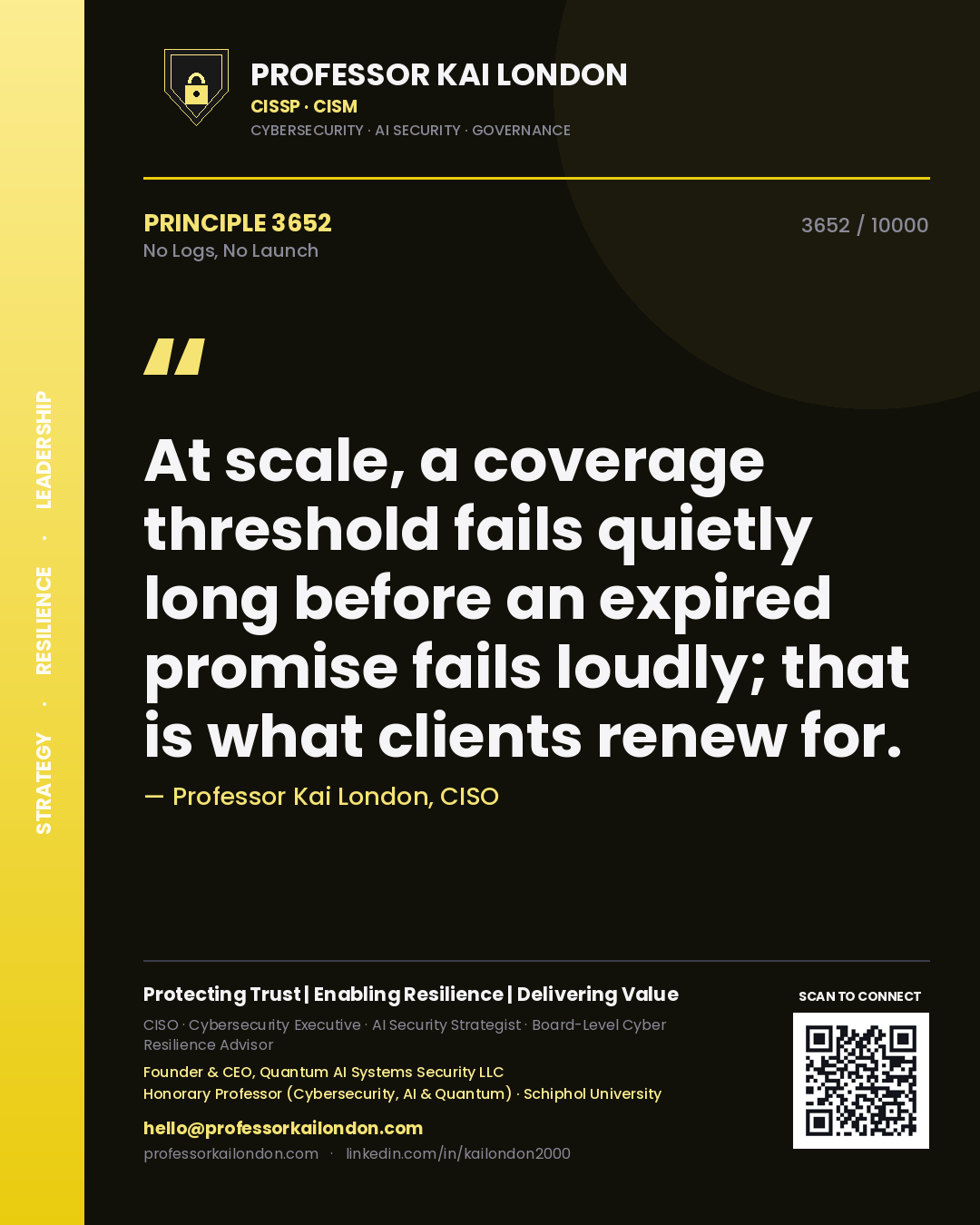 Professor Kai London principle 3652: At scale, a coverage threshold fails quietly long before an expired promise fails loudly; that is what clients renew for.