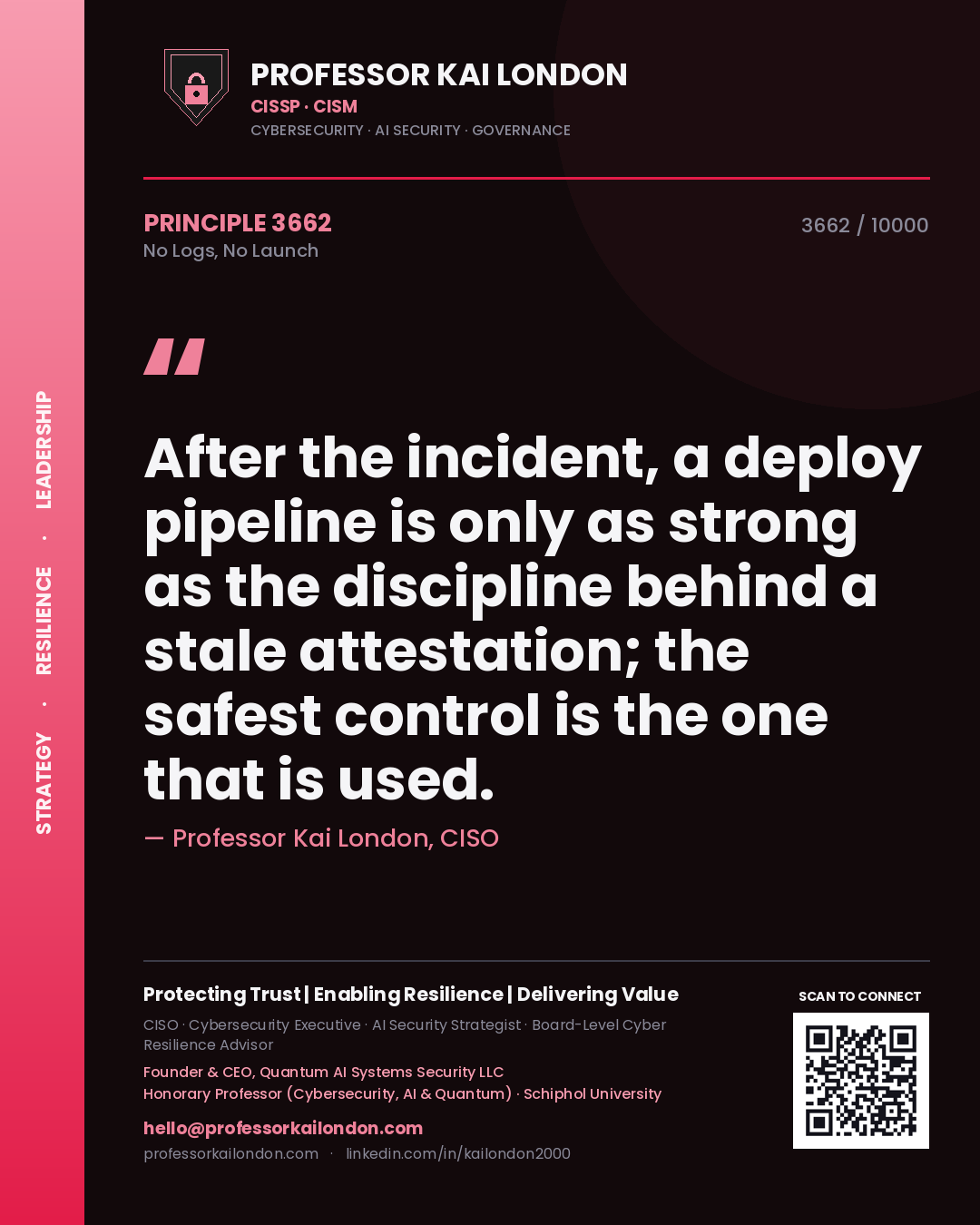 Quote card by Professor Kai London reading 'After the incident, a deploy pipeline is only as strong as the discipline behind a stale attestation; the safest control is the one that is used.'. From the book No Logs, No Launch.