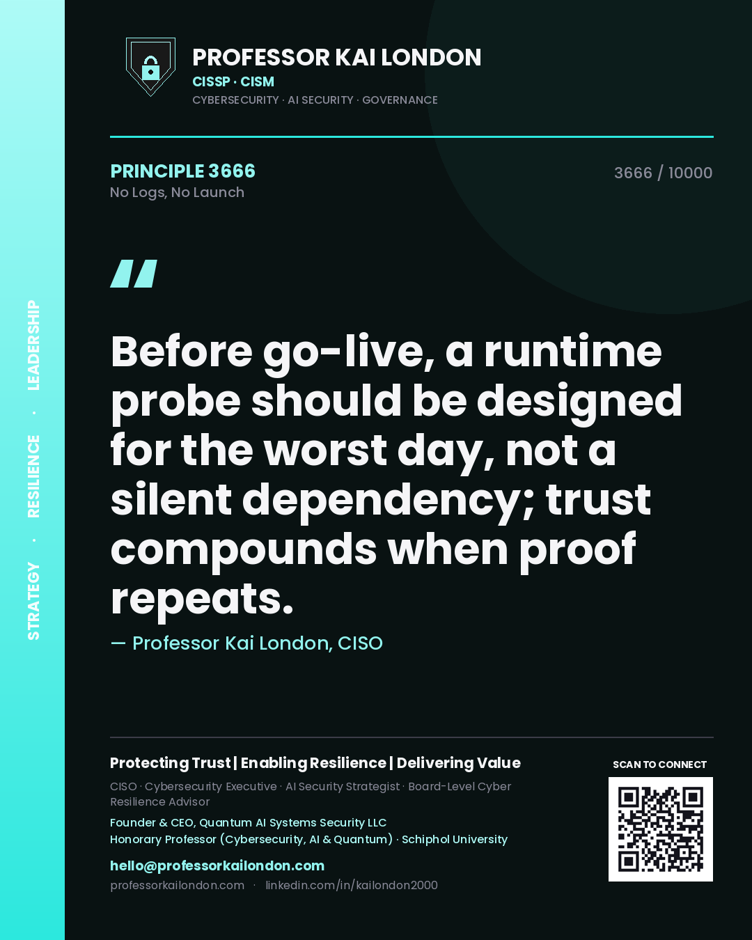 Professor Kai London principle 3666: Before go-live, a runtime probe should be designed for the worst day, not a silent dependency; trust compounds when proof repeats.
